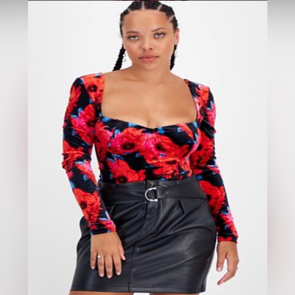 COPY - Bar III Women’s Floral-Print Square-Neck Velvet Bodysuit - Picture 2 of 2